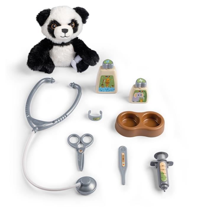 Smoby - Chariot Vétérinaire  de Zoo - Peluche Panda - Nombreux accessoires inclus - Produit 2 en 1 : Cage de transport - Fabrication