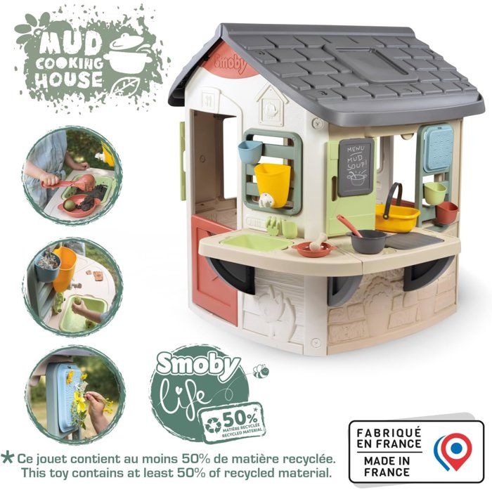 Smoby Life - Mud Cooking House - Fabriquée en France - Matiere Recyclée - 16 accessoires - Des 2 ans