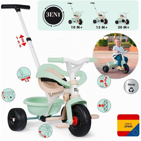 SMOBY - Tricycle Be Fun Confort - Evolutif 3 en 1 - Poignée Parentale Réglable sur 3 Hauteurs - Siege Réglable - Des 10 mois