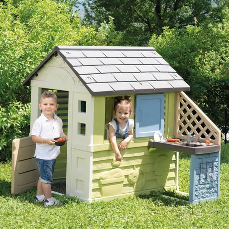 Smoby Life - Maison Pretty + Cuisine d'été - Plaque Grill et évier - 17 accessoires - Matiere Recyclée - Des 2 Ans