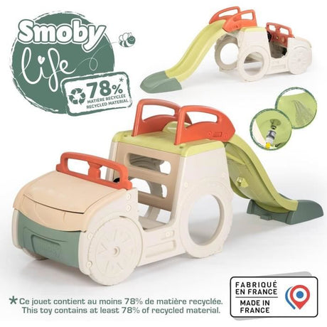 SMOBY Life - Adventure Car avec toboggan - 3 activités - Tobbogan,Bac a sable, Poste de conduite - Matiere Recyclée - Des 18 mois