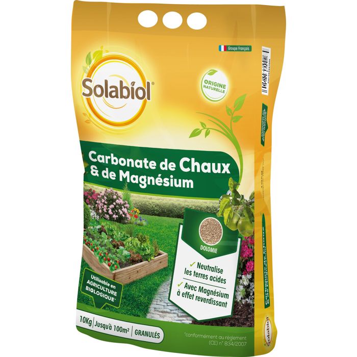 SOLABIOL Carbonate de chaux & de magnésium - 10kg - Granulés - Corrige l'acidité du sol - Action progressive & durable