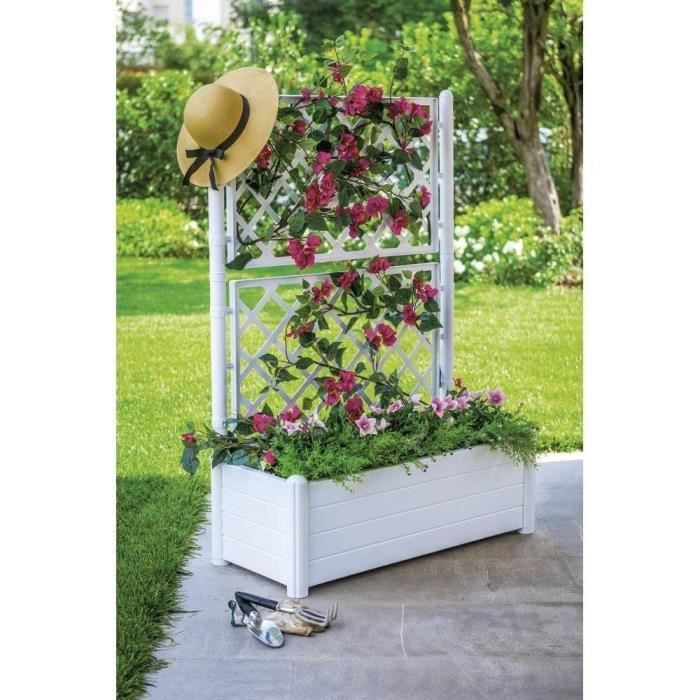 STEFANPLAST Bac a fleur/Jardiniere rectangulaire avec treillis - Finition effet bois - 100 x 43 x H 142 cm - 80 L - Blanc