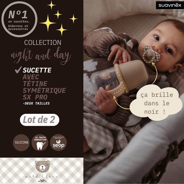 Lot de 2 sucettes symétriques - SUAVINEX - Night&Day Wild&Free - SX Pro - 0 a 6 mois - Bleu