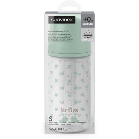 Biberon verre - SUAVINEX - Birdies - Tétine SX Pro S - 240 ml - 3 a 6 mois- Vert