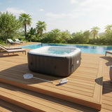 KIT TOUT INCLUS SUNSPA: spa gonflable carré 4 places et accessoires : 2 appuis tetes, filtre, épuisette, brosse, tapis, couverture