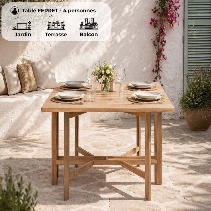 Table de jardin - FERRET - Pliante - Bois d'Acacia FSC - 21/55/90 x 90 x 75 cm - 4 personnes