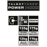 Raquette de squash - TALBOT TORRO - POWER 4000 - Profil en U - Cordage US 500 - Tete 480cm˛ - Cadre 18.2mm/135g - 175g