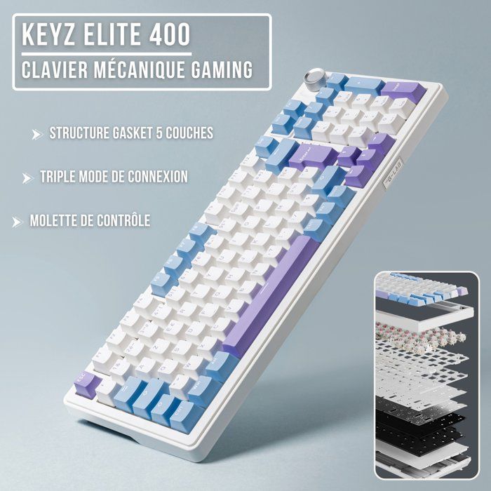 Clavier mécanique PBT Gasket - THE G-LAB - KEYZ Elite 400 WB - TripleMode - AZERTY - RGB - Windows & Mac