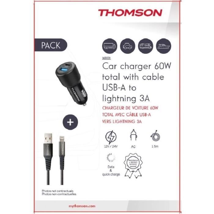 Pack chargeur de voiture +  câble - THOMSON - Chargeur de voiture 12/24V 60 W + Câble A vers L 3A haute performance- Longueur 1.50 m
