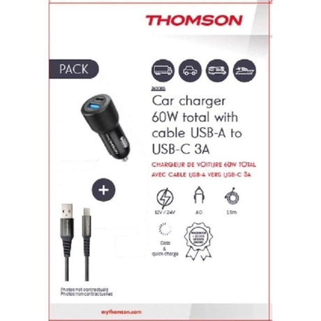 Pack THOMSON 2 en 1 avec chargeur de voiture 60 W et câble USB-A / USB-C 3A de charge et données de 1,50m