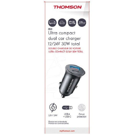 Chargeur voiture THOMSON ULTRA-COMPACT 12/24 V  USB-C PD 20 W + QC 3.0 18 W (Puissance totale : 30 W)