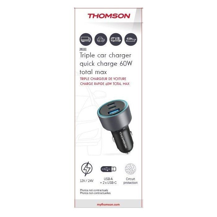 Chargeur voiture THOMSON-12/24V-60W 2x-USB-C: PD 30W+ USB-A QC 3.0 18W avec protections surtensions, surintensités, courts-circuits.