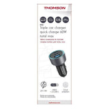 Chargeur voiture THOMSON-12/24V-60W 2x-USB-C: PD 30W+ USB-A QC 3.0 18W avec protections surtensions, surintensités, courts-circuits.