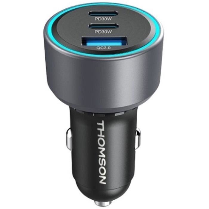 Chargeur voiture THOMSON-12/24V-60W 2x-USB-C: PD 30W+ USB-A QC 3.0 18W avec protections surtensions, surintensités, courts-circuits.