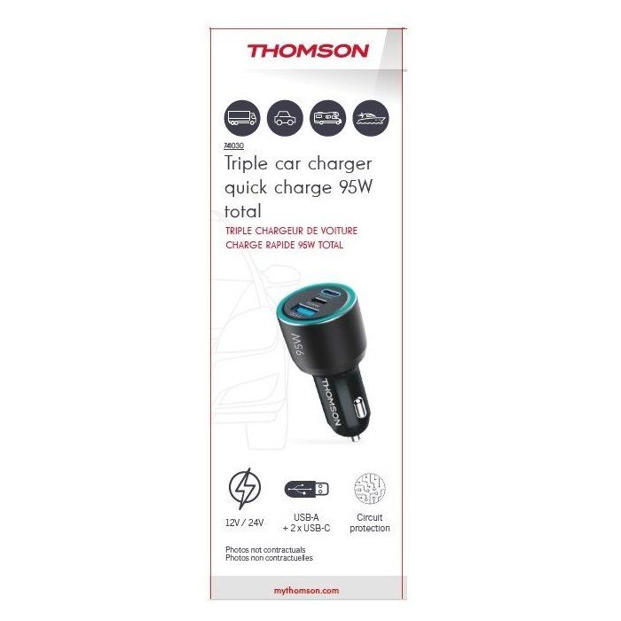 Chargeur voiture THOMSON-12/24V-95W total- 2x-USB-C:  PD 65W +  PD 30W+ USB-A QC 3.0 18W pour une charge rapide de vos appareils