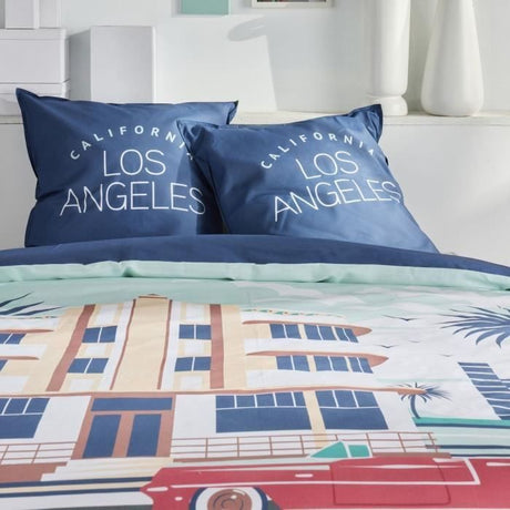 Parure de lit - TODAY - JAVA - 2 personnes - 240x220 cm - Coton - Imprimé Los Angeles - Bleu