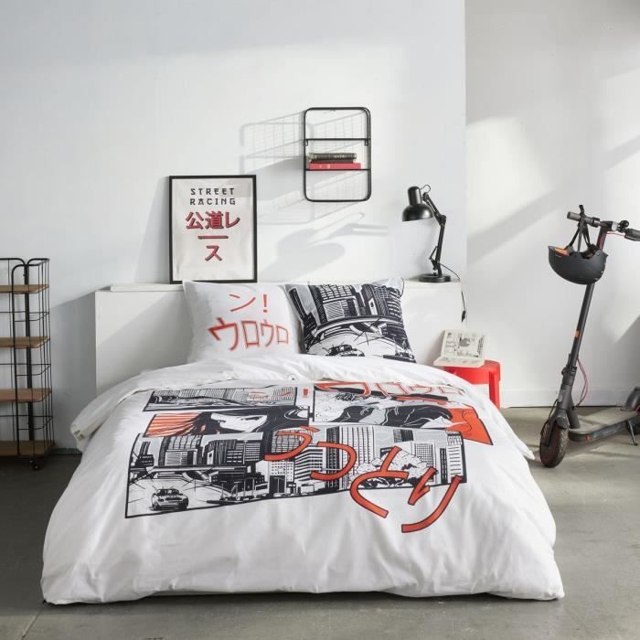Parure de lit - TODAY - JAVA - 2 personnes - 240x220 cm - Coton - Imprimé Manga - Blanc