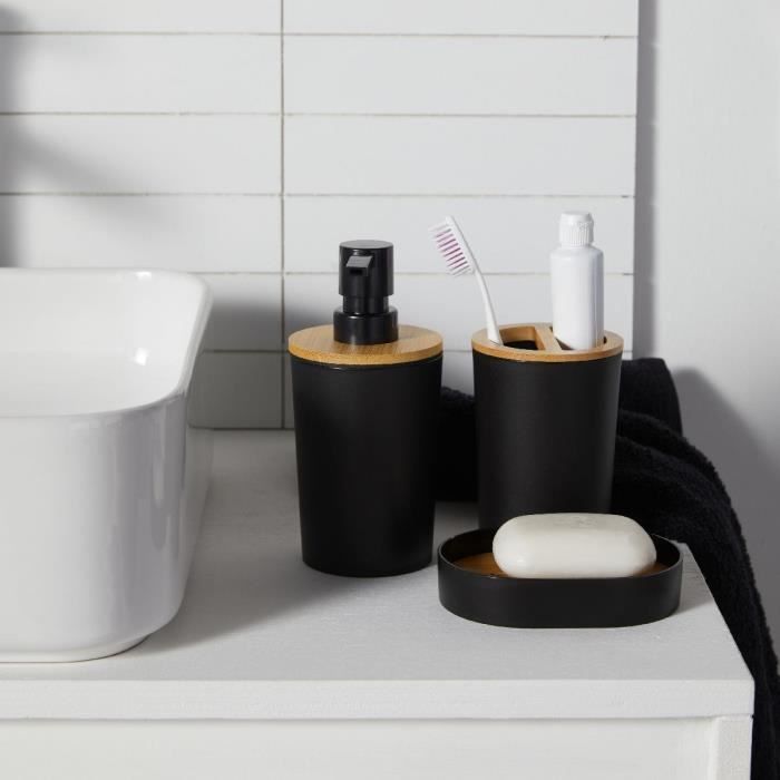 Lot de 6 acc SDB - TODAY - UTILITY - Dist savon, gobelet, porte-brosse a dents, porte savon, brosse WC, poubelle - Black