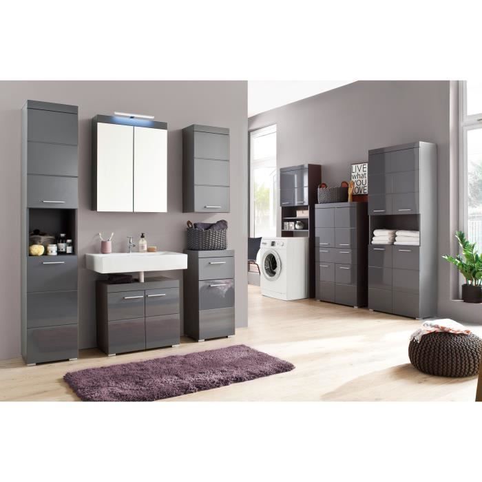 Meuble de salle de bain - Armoire de toilette - Miroir - 2 portes - Gris - L60 x P17 x H77cm - AMANDA
