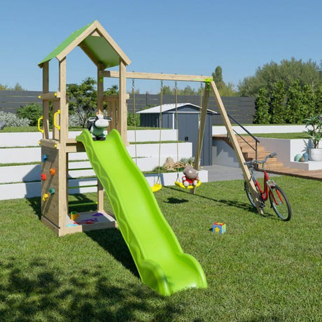 TRIGANO Aire de jeux en bois SMART XPERIENCE - 2 balancoires 1 toboggan 1 mur d'escalade - 7 enfants