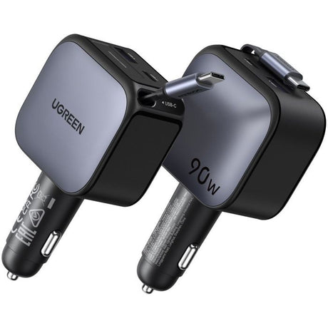 Chargeur voiture - UGREEN - 90W - USB-A et USB-C - Rétractable - Noir