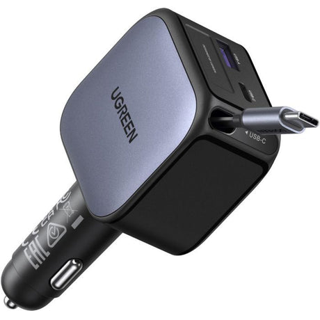 Chargeur voiture - UGREEN - 90W - USB-A et USB-C - Rétractable - Noir