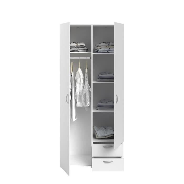 Armoire VARIA - Décor blanc - 2 portes battantes + 2 tiroirs  - L 81 cm x H 185 x P 51 cm - PARISOT