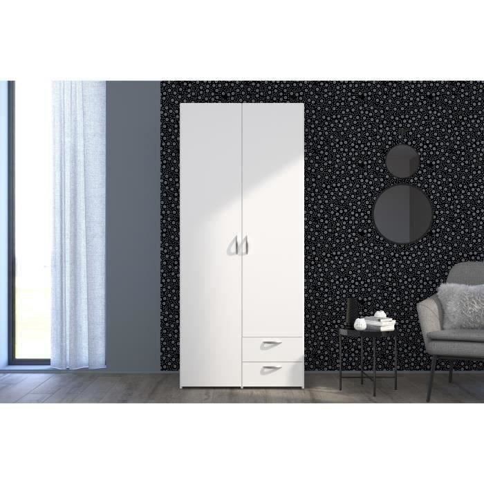 Armoire VARIA - Décor blanc - 2 portes battantes + 2 tiroirs  - L 81 cm x H 185 x P 51 cm - PARISOT