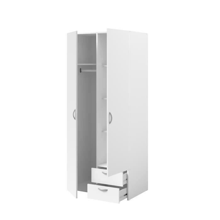 Armoire VARIA - Décor blanc - 2 portes battantes + 2 tiroirs  - L 81 cm x H 185 x P 51 cm - PARISOT