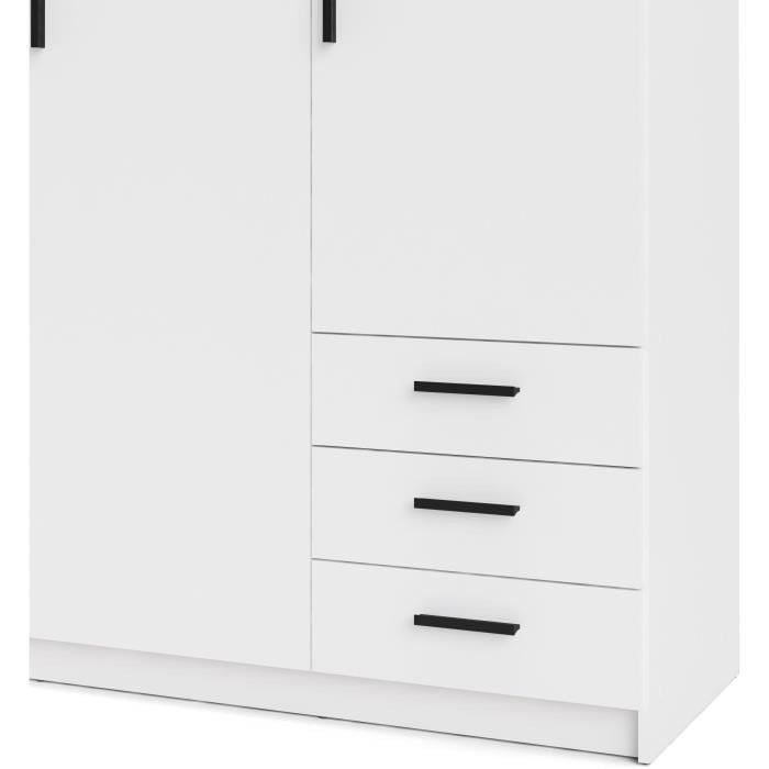 Armoire VEGA - Décor Blanc mat - 3 portes + 3 tiroirs - L 147 x P 49,6 x H 200,4 cm