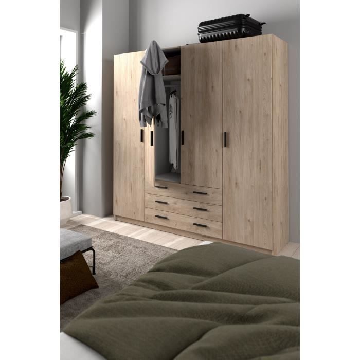 Armoire VEGA - Décor Chene Jackson - 4 portes + 3 tiroirs - L 195,5 x P 49,6 x H 200,4 cm