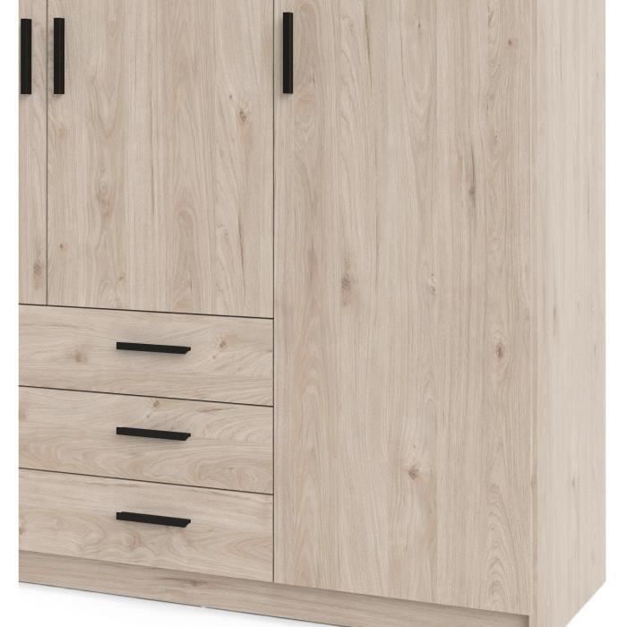 Armoire VEGA - Décor Chene Jackson - 4 portes + 3 tiroirs - L 195,5 x P 49,6 x H 200,4 cm