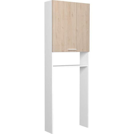 Meuble étageres WC -  Décor Chene et Blanc - 2 portes - Salle de bain / buanderie - L64,2 x P21,8 x H184 cm - WOODY