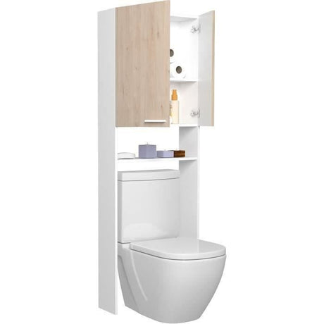Meuble étageres WC -  Décor Chene et Blanc - 2 portes - Salle de bain / buanderie - L64,2 x P21,8 x H184 cm - WOODY