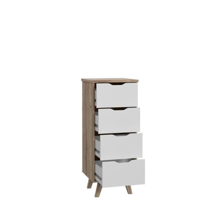 Chiffonnier VANKKA  4 Tiroirs - Décor chene et blanc - Style scandinave - L 45 x  P 42 x H 108 cm