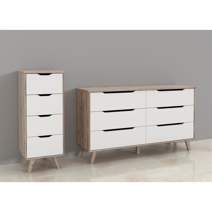 Chiffonnier VANKKA  4 Tiroirs - Décor chene et blanc - Style scandinave - L 45 x  P 42 x H 108 cm