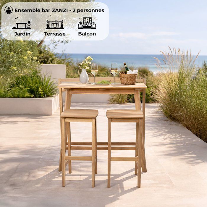 Ensemble bar de jardin - ZANZIBAR - Bois d'Acacia FSC - 1 table haute 100x44,5xH.112 cm - 2 tabourets 35x37xH.72 cm - 2 personnes