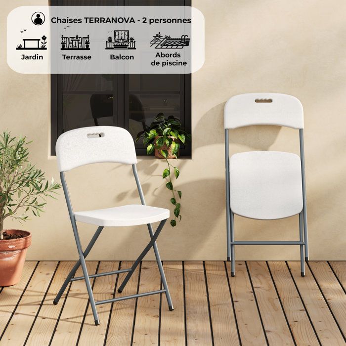 Lot de 2 chaises de réception pliantes - TERRANOVA - 48x44,5xH86 cm - Structure en acier et assise en Polyéthylene PEHD - Blanc