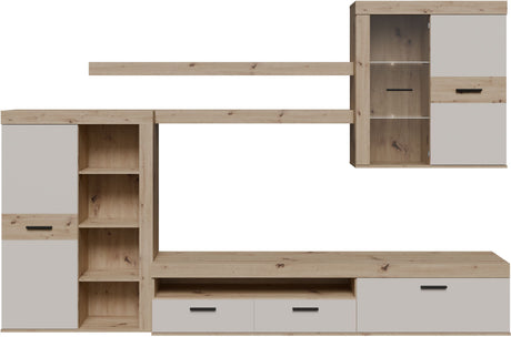 Ensemble meuble TV paroi - ZUMBA - Sable / Chene - 300 x 41 x 200,9 cm - Eclairage LED inclus