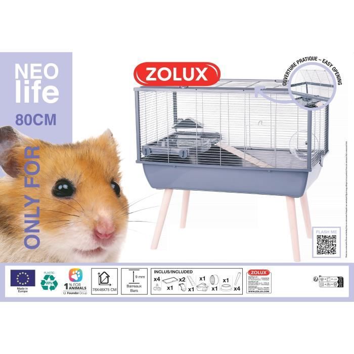 ZOLUX Cage rongeur surélevée  Néolife - Pour hamster - 78 x 48 x 75 cm - Gris
