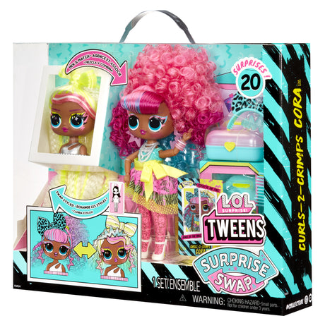 L.O.L. Surprise Tweens Surprise Swap Fashion Doll - Curls-2- Crimps Cora - 1 poupée Tweens 17cm, 1 mini tete a coiffer et des