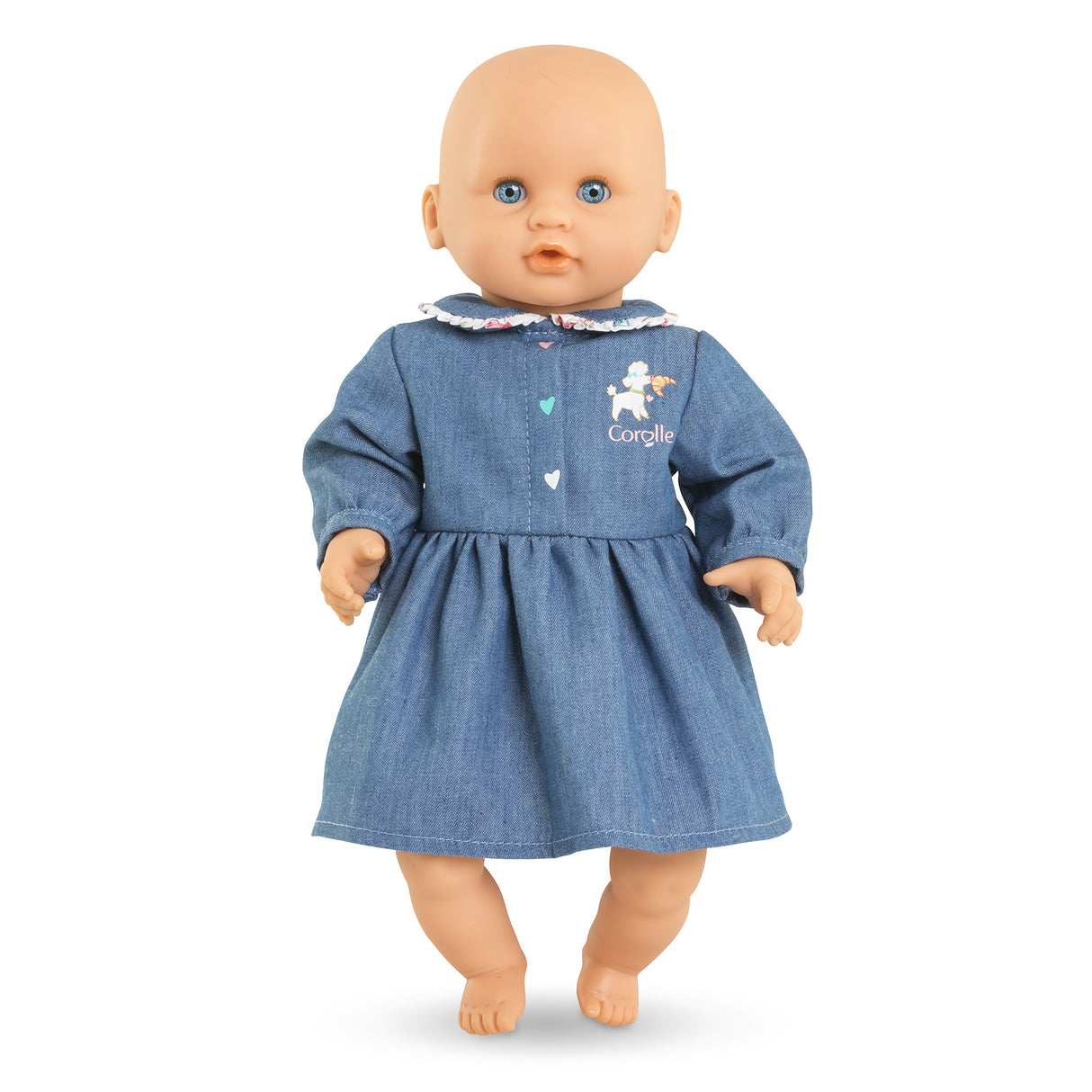 Robe Week-end a Paris - Corolle - 30 cm - Imitation denim - Col claudine - Broderies coeurs