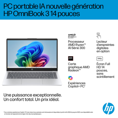 PC Portable HP Omnibook 3 14-ha0015nf - Windows 11 - 14 FHD IPS - Ryzen AI 5 340 - RAM 16Go - Stockage 512Go SSD - AZERTY