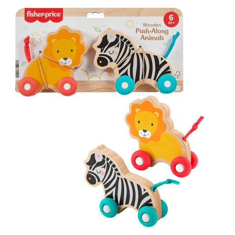 Fisher-Price Animaux a pousser en bois - Véhicule lion et zebre pour jeu a quatre pattes - 2  pieces en bois - des 6 mois - JFN19