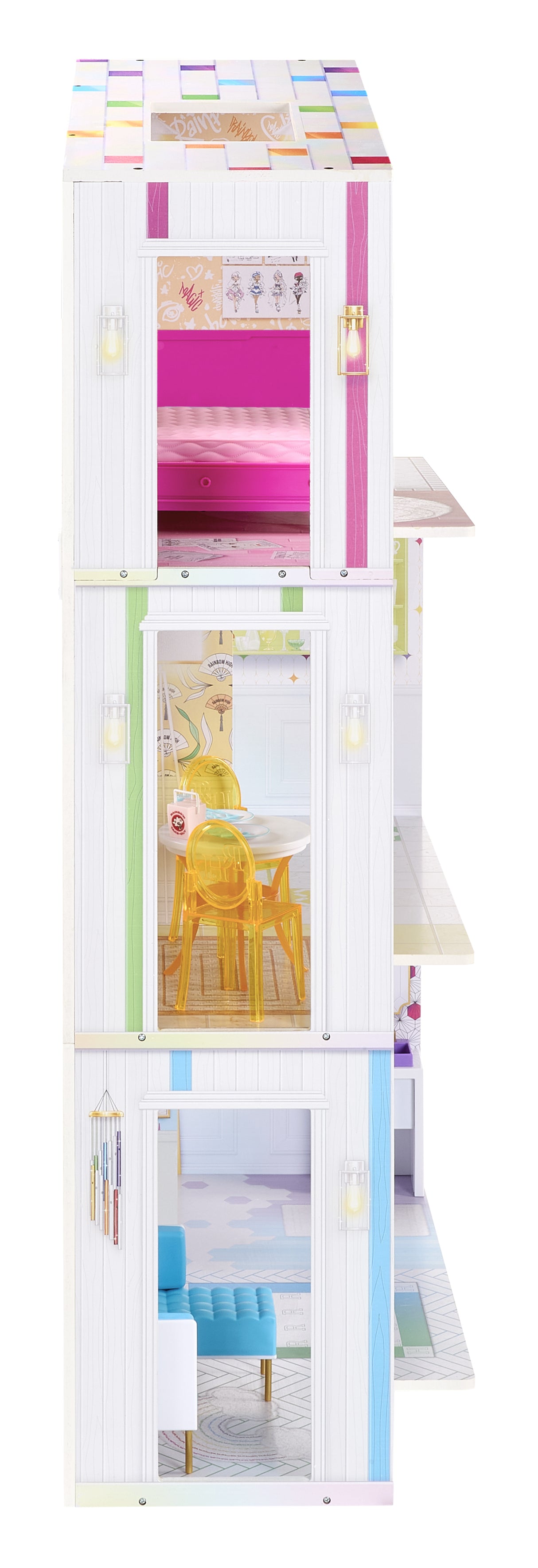 Rainbow High Color & Play House, Maison de poupée 3 étages, Colorie les murs et sols avec des marqueurs lavables, Maison en bois