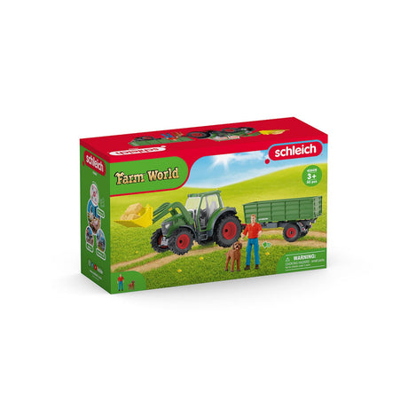 Tracteur et remorque, Coffre schleich avec 1 tracteur, 1 rremorque,  1 figurine humaine articulée, 1 figurine chien, pour enfants