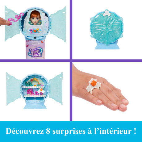 Poupée Jewel Reveal Anna, La Reine des Neiges, accessoires avec 8 surprises, 1 boîte a bijoux en forme de flocon de neige, 1 bague p