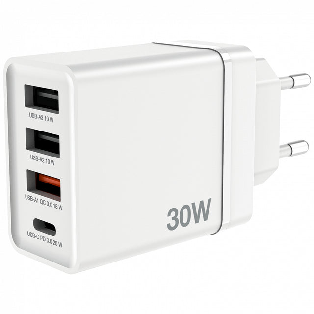Chargeur secteur Verbatim GaN 3x ports USB-A + 1x port USB-C 30W (Blanc)