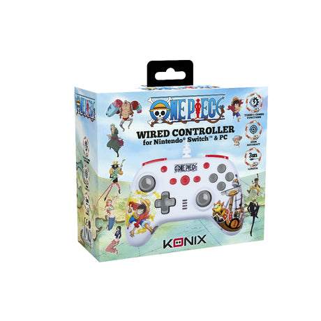 Manette de jeu - Nintendo Switch, Switch 2 et PC - One Piece - Filaire - Blanc - Fonction vibration - Câble 3 m - Luffy - Konix